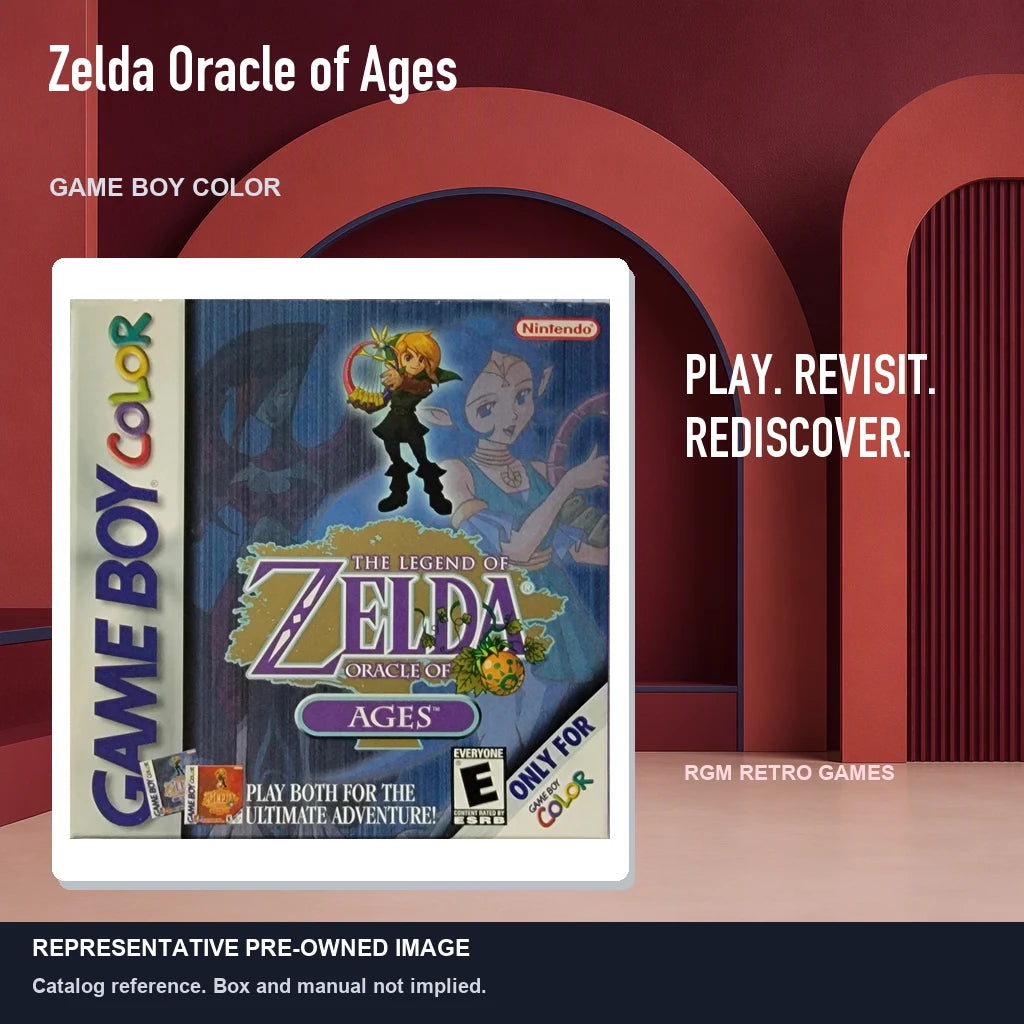 Representative pre-owned Zelda Oracle of Ages (Game Boy Color), red retro product layout.