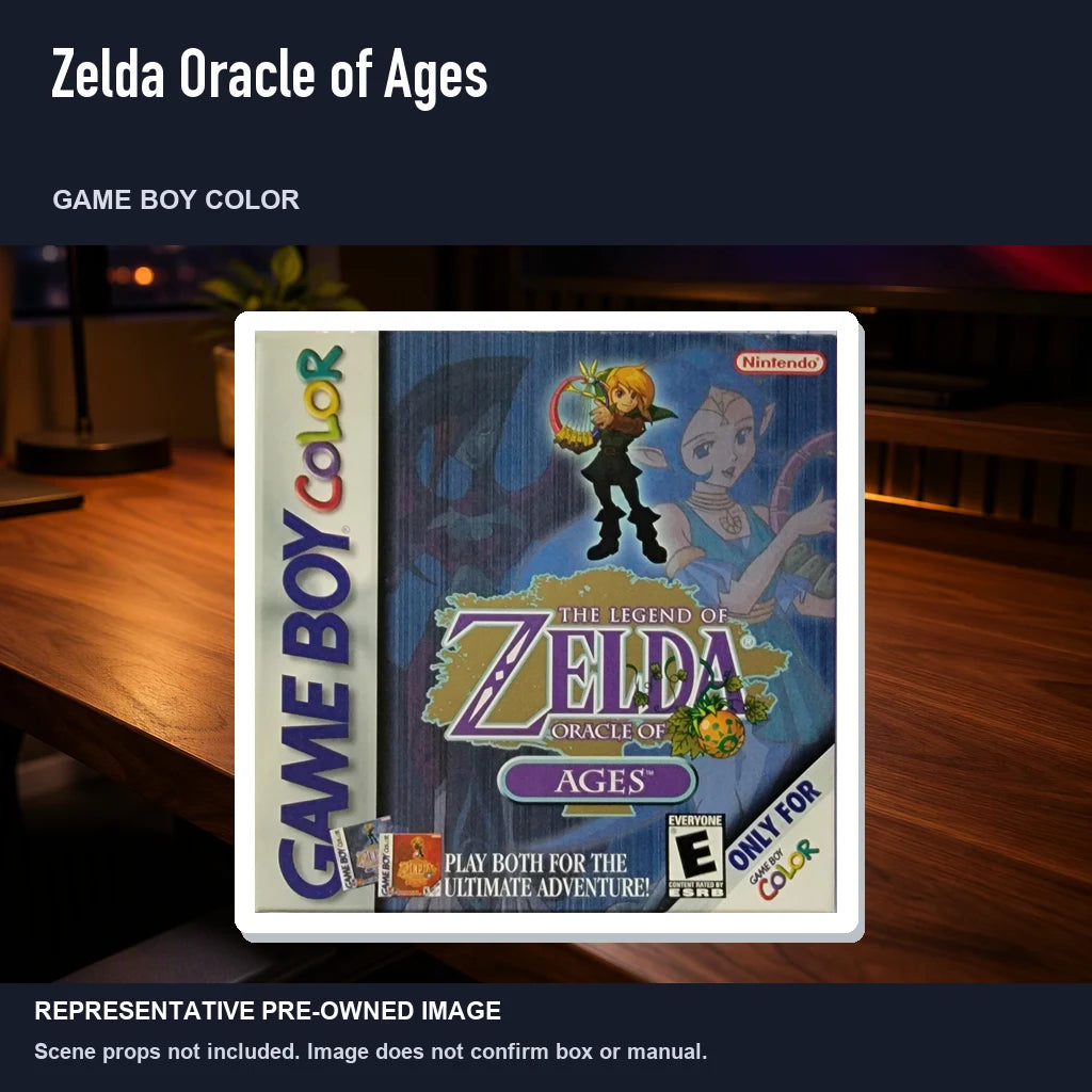 Representative pre-owned Zelda Oracle of Ages (Game Boy Color), product image in a styled desk scene.