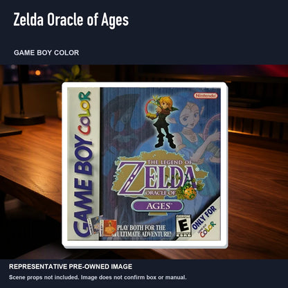 Representative pre-owned Zelda Oracle of Ages (Game Boy Color), product image in a styled desk scene.