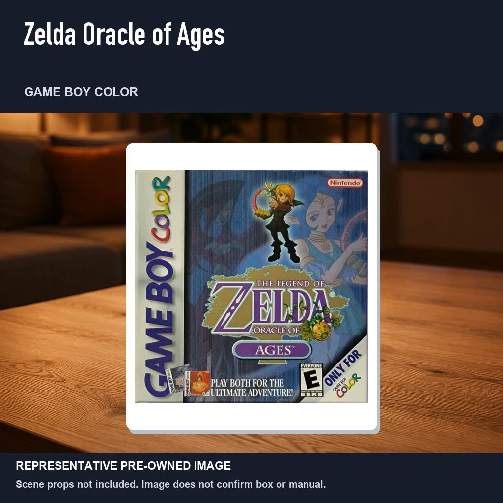 Representative pre-owned Zelda Oracle of Ages (Game Boy Color), product image in a styled room scene.