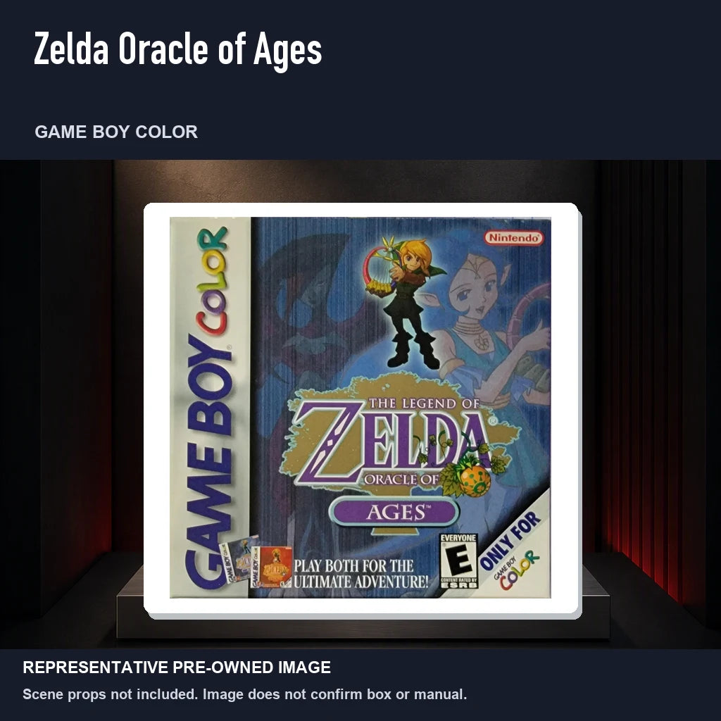 Representative pre-owned Zelda Oracle of Ages (Game Boy Color), product image on a display panel.