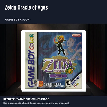 Representative pre-owned Zelda Oracle of Ages (Game Boy Color), product image on a display panel.