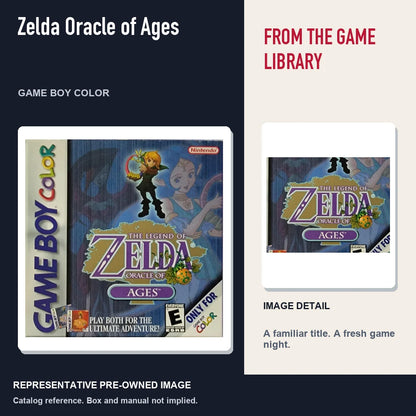 Representative pre-owned Zelda Oracle of Ages (Game Boy Color), editorial image and detail.