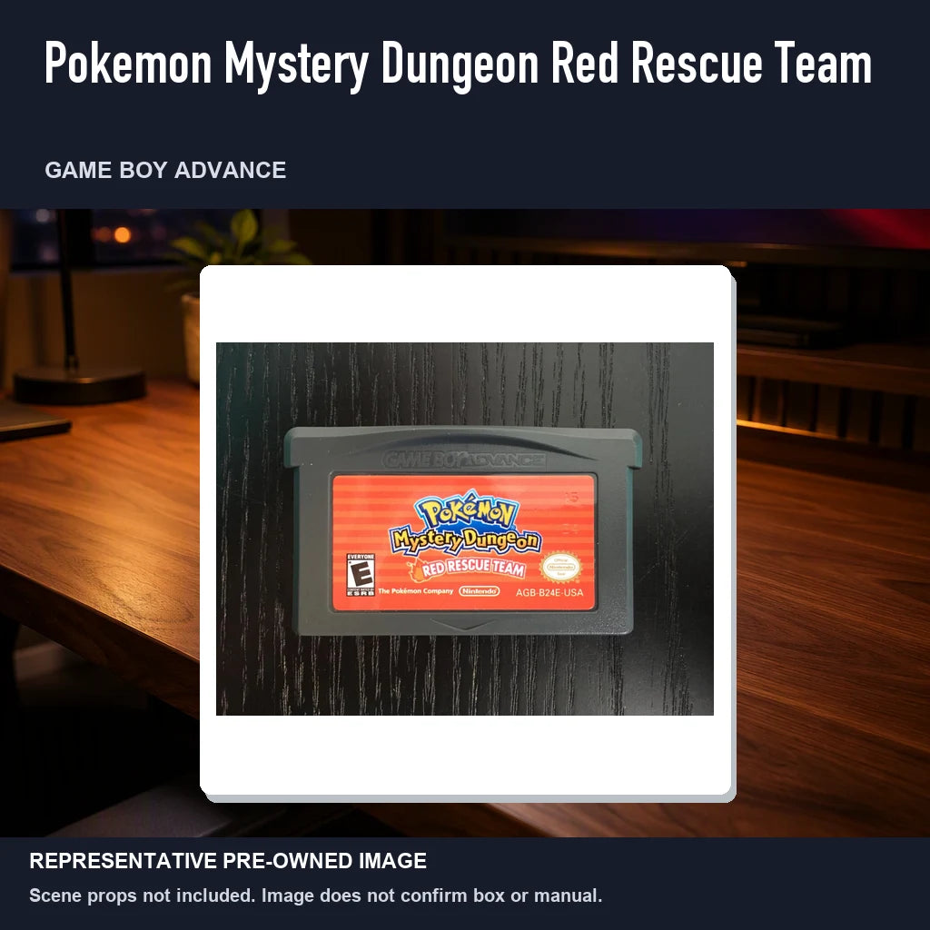 Representative pre-owned Pokemon Mystery Dungeon Red Rescue Team (Game Boy Advance), product image in a styled desk scene.