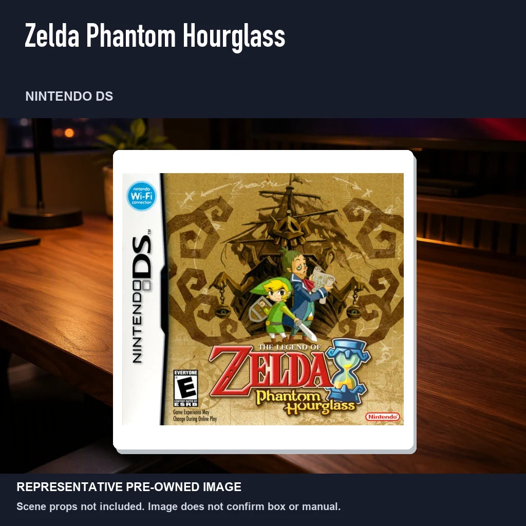 Representative pre-owned Zelda Phantom Hourglass (Nintendo DS), product image in a styled desk scene.