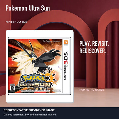 Representative pre-owned Pokemon Ultra Sun (Nintendo 3DS), red retro product layout.