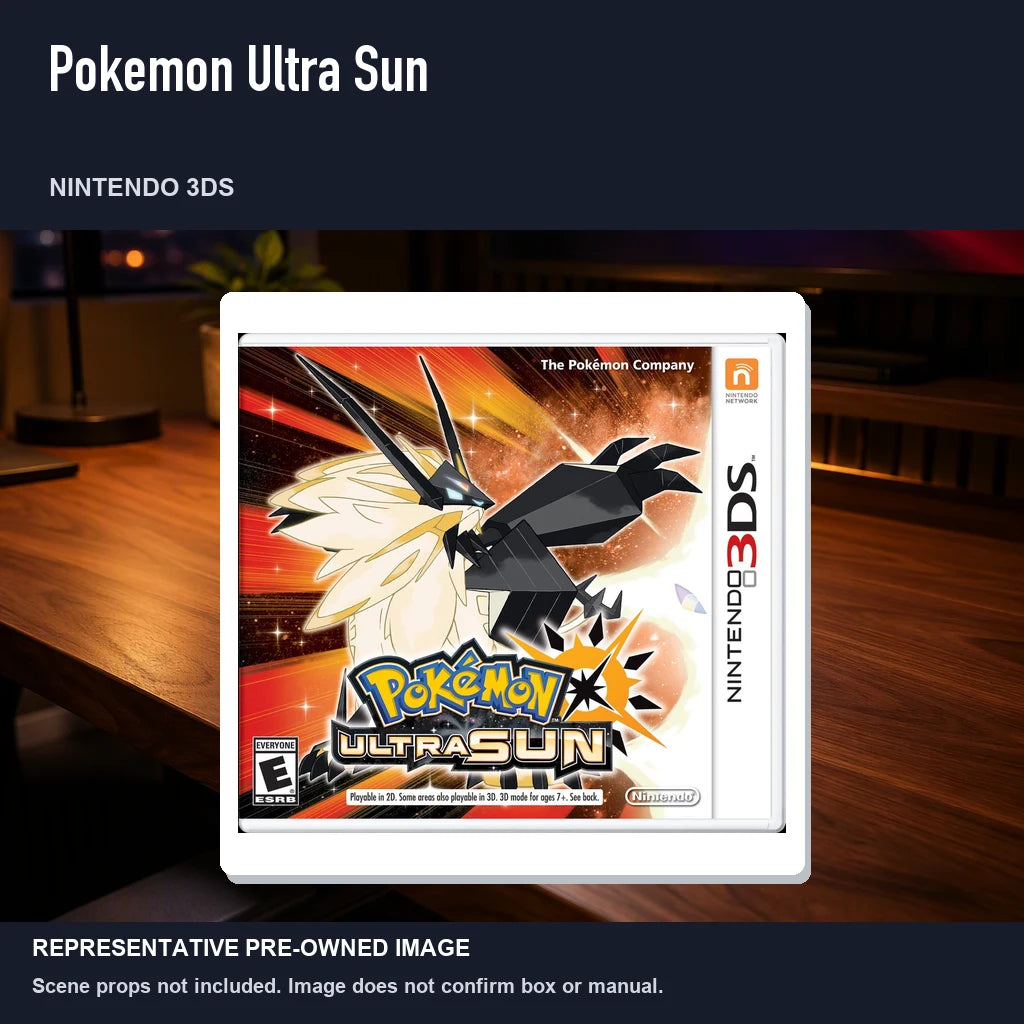 Representative pre-owned Pokemon Ultra Sun (Nintendo 3DS), product image in a styled desk scene.