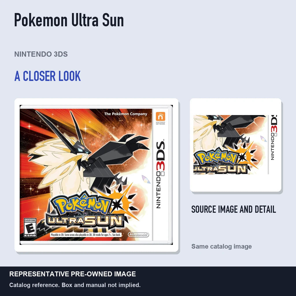 Representative pre-owned Pokemon Ultra Sun (Nintendo 3DS), full image with detail inset.