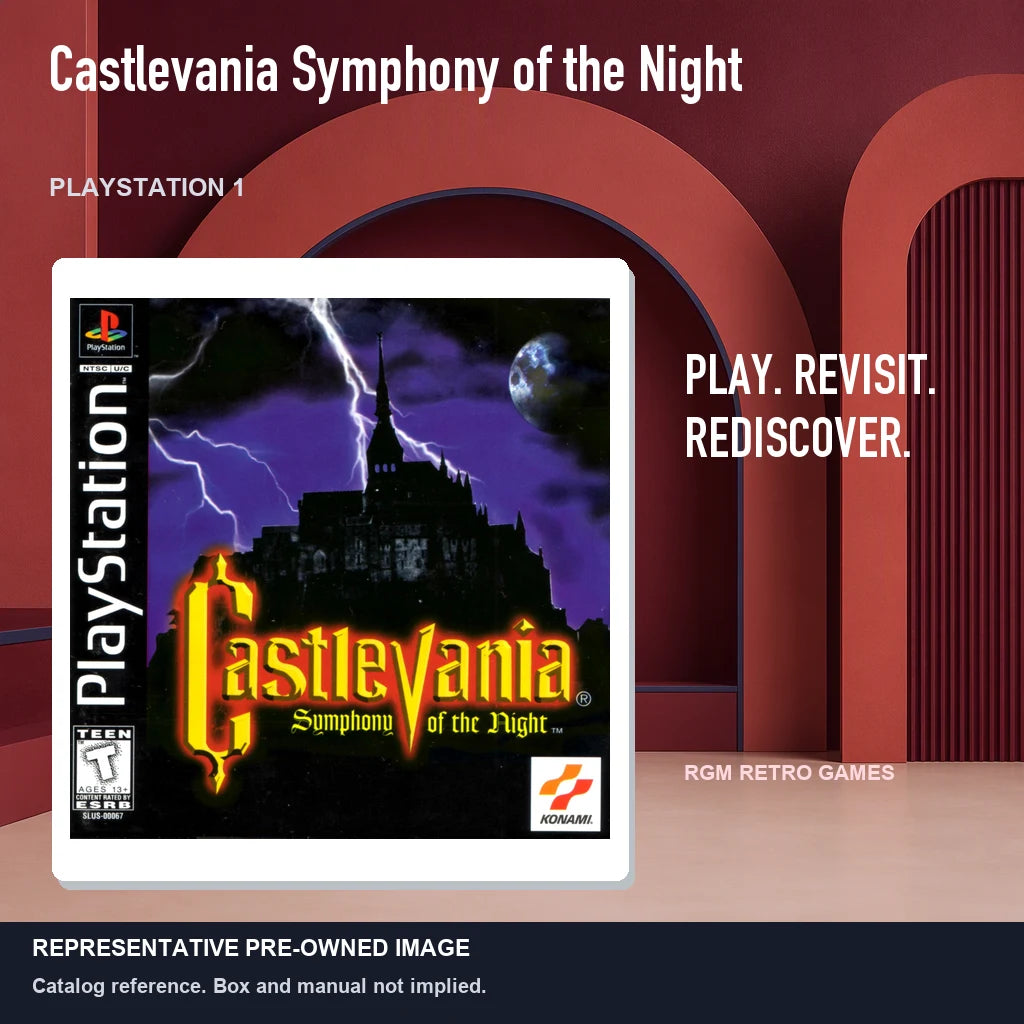 Representative pre-owned Castlevania Symphony of the Night (PlayStation 1), red retro product layout.