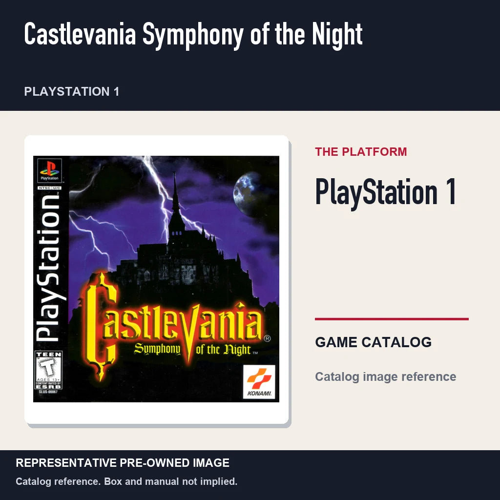 Representative pre-owned Castlevania Symphony of the Night (PlayStation 1), platform product layout.