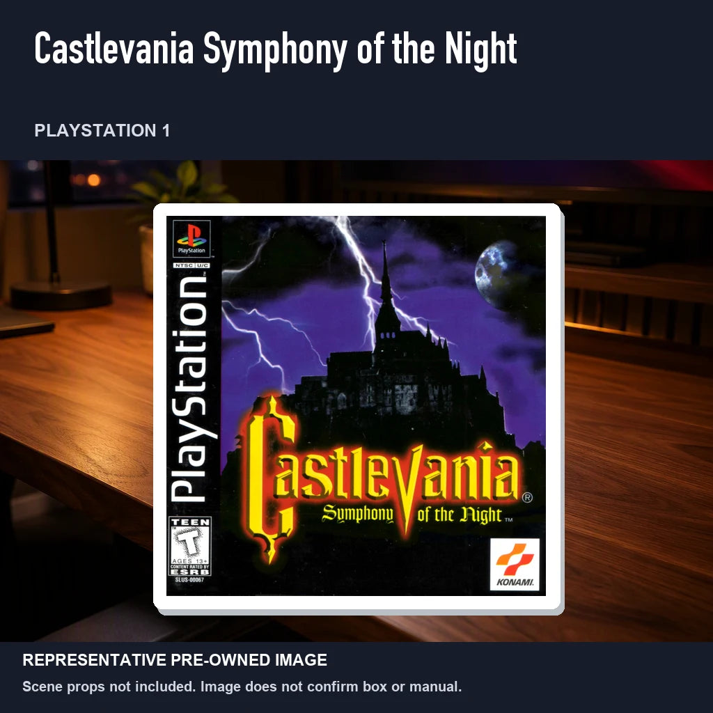 Representative pre-owned Castlevania Symphony of the Night (PlayStation 1), product image in a styled desk scene.