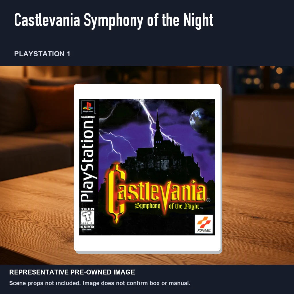 Representative pre-owned Castlevania Symphony of the Night (PlayStation 1), product image in a styled room scene.