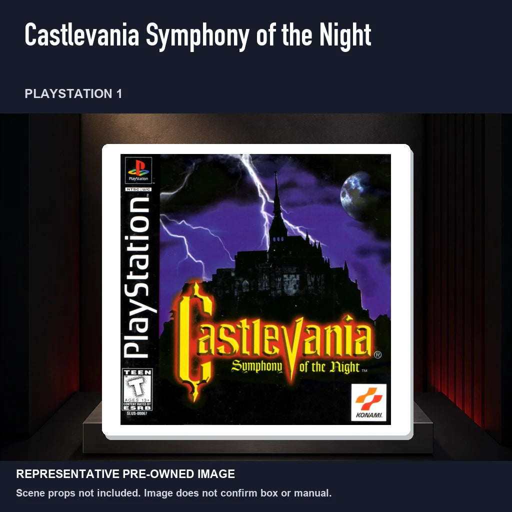 Representative pre-owned Castlevania Symphony of the Night (PlayStation 1), product image on a display panel.