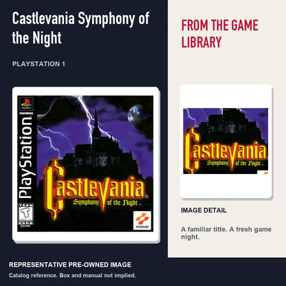 Representative pre-owned Castlevania Symphony of the Night (PlayStation 1), editorial image and detail.