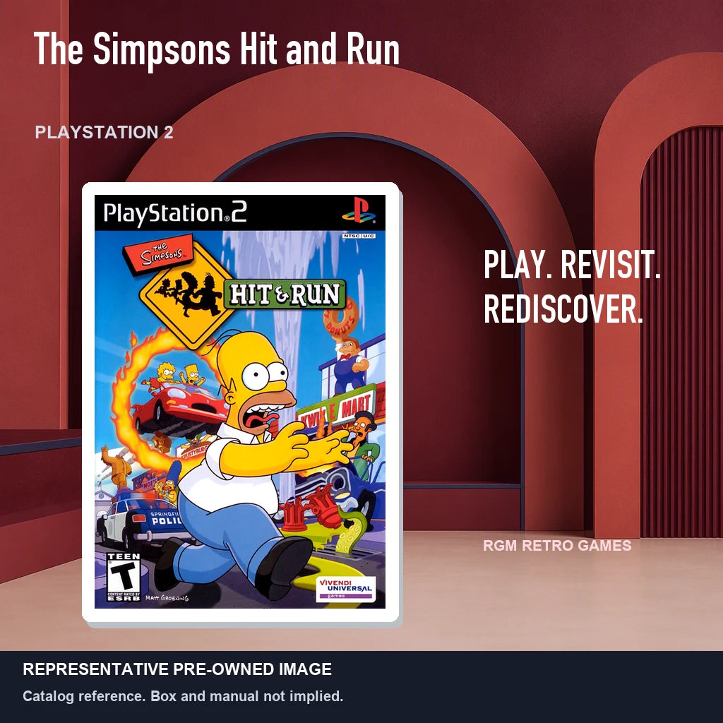 Representative pre-owned The Simpsons Hit and Run (PlayStation 2), red retro product layout.