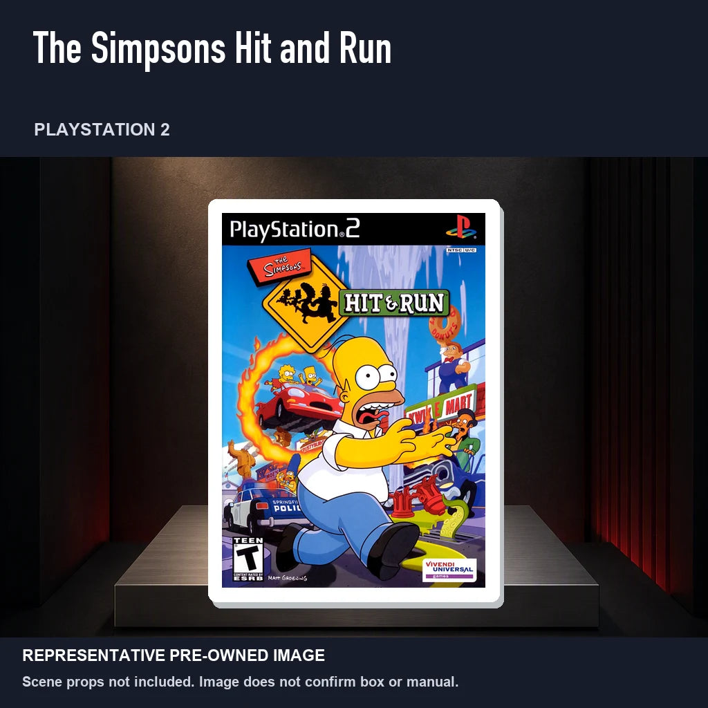 Representative pre-owned The Simpsons Hit and Run (PlayStation 2), product image on a display panel.