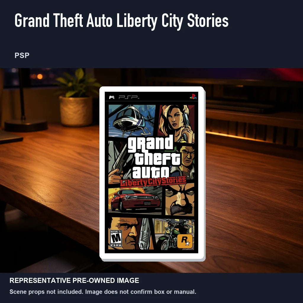 Representative pre-owned Grand Theft Auto Liberty City Stories (PSP), product image in a styled desk scene.