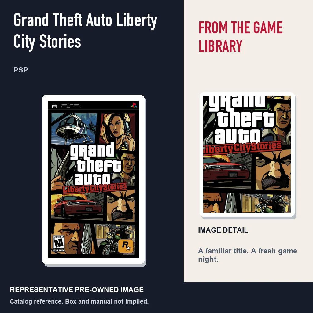 Representative pre-owned Grand Theft Auto Liberty City Stories (PSP), editorial image and detail.