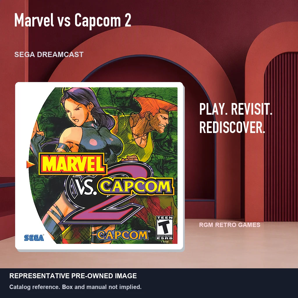 Representative pre-owned Marvel vs Capcom 2 (Sega Dreamcast), red retro product layout.