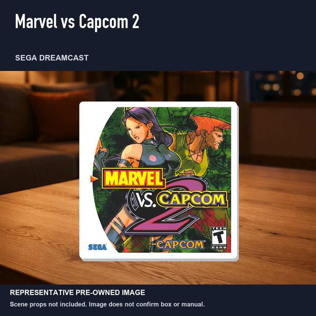 Representative pre-owned Marvel vs Capcom 2 (Sega Dreamcast), product image in a styled room scene.