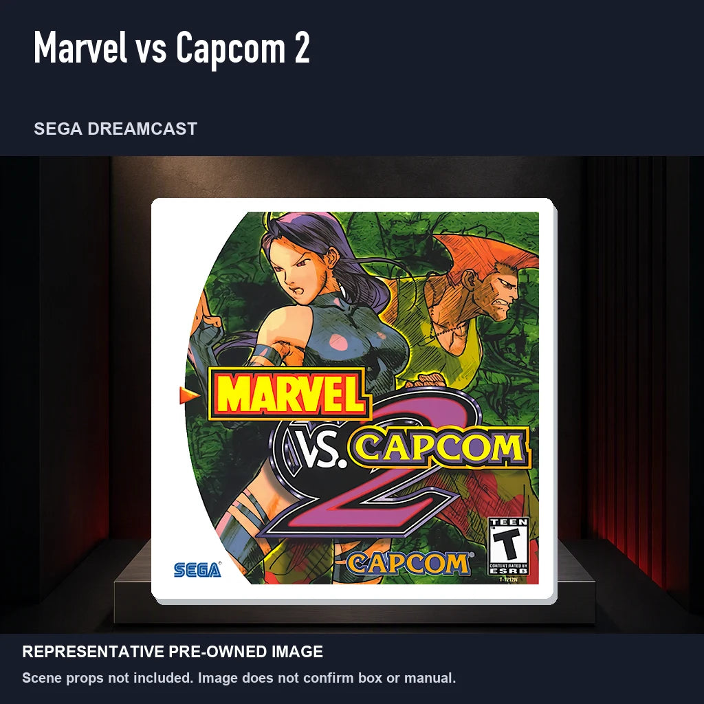 Representative pre-owned Marvel vs Capcom 2 (Sega Dreamcast), product image on a display panel.