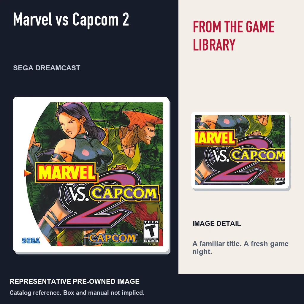 Representative pre-owned Marvel vs Capcom 2 (Sega Dreamcast), editorial image and detail.