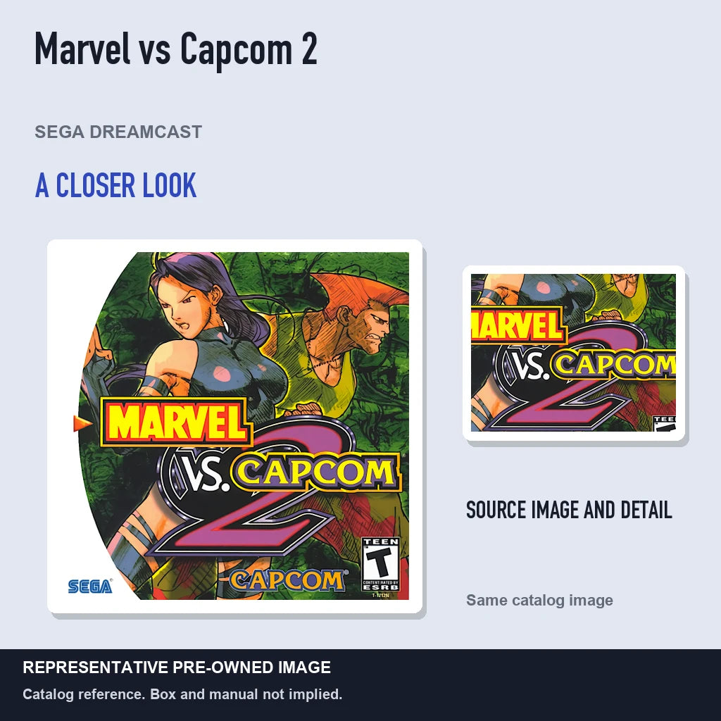 Representative pre-owned Marvel vs Capcom 2 (Sega Dreamcast), full image with detail inset.