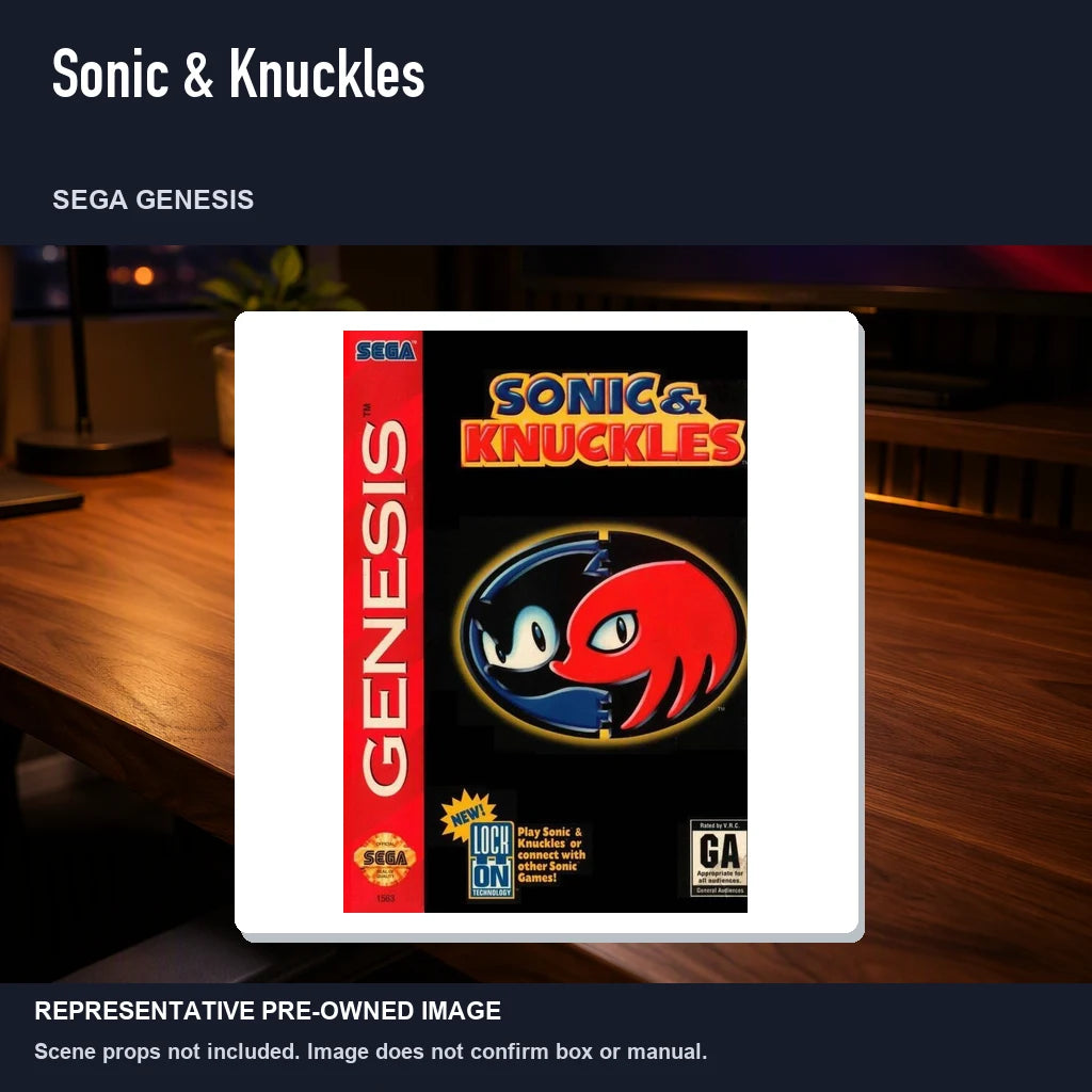 Representative pre-owned Sonic & Knuckles (Sega Genesis), product image in a styled desk scene.