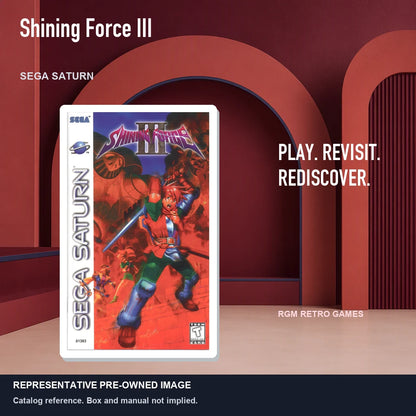 Representative pre-owned Shining Force III (Sega Saturn), red retro product layout.