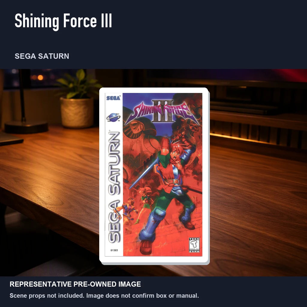 Representative pre-owned Shining Force III (Sega Saturn), product image in a styled desk scene.