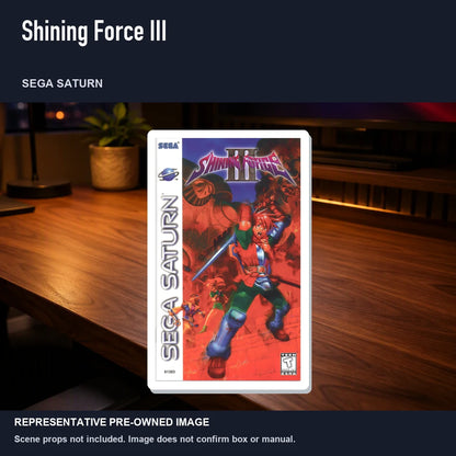 Representative pre-owned Shining Force III (Sega Saturn), product image in a styled desk scene.