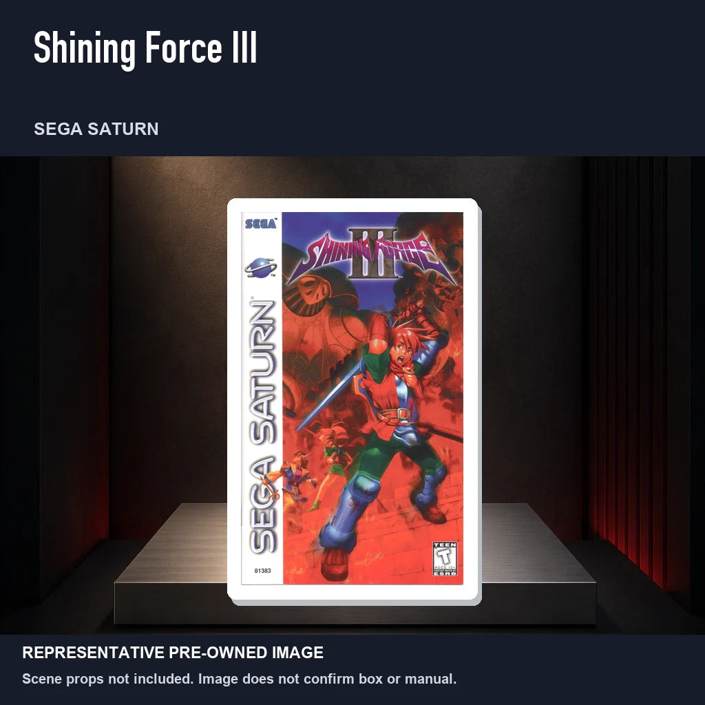 Representative pre-owned Shining Force III (Sega Saturn), product image on a display panel.