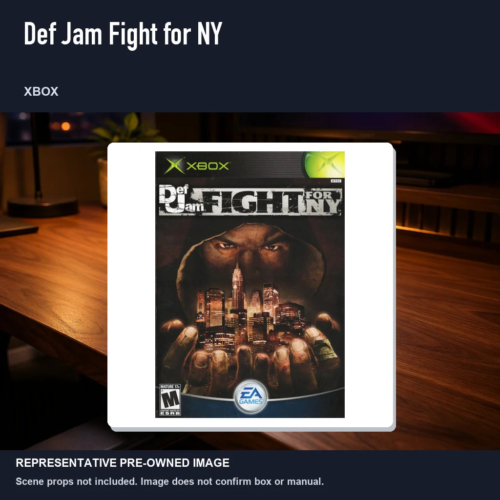 Representative pre-owned Def Jam Fight for NY (Xbox), product image in a styled desk scene.