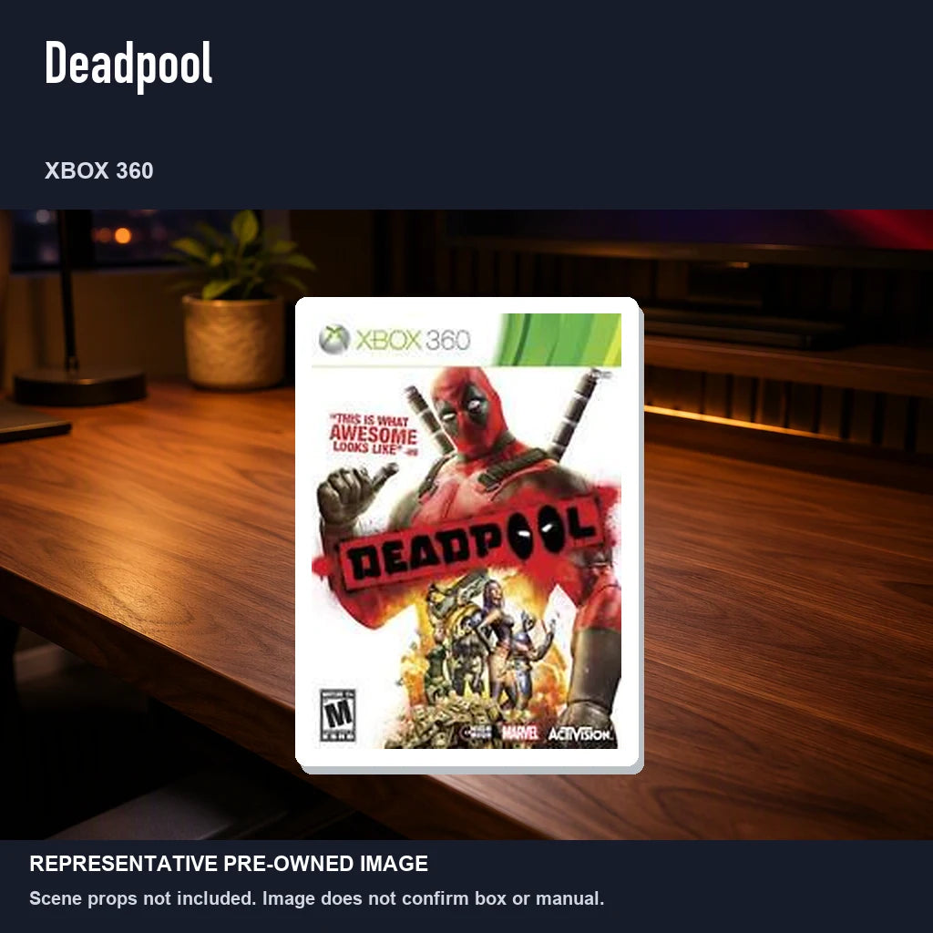 Representative pre-owned Deadpool (Xbox 360), product image in a styled desk scene.