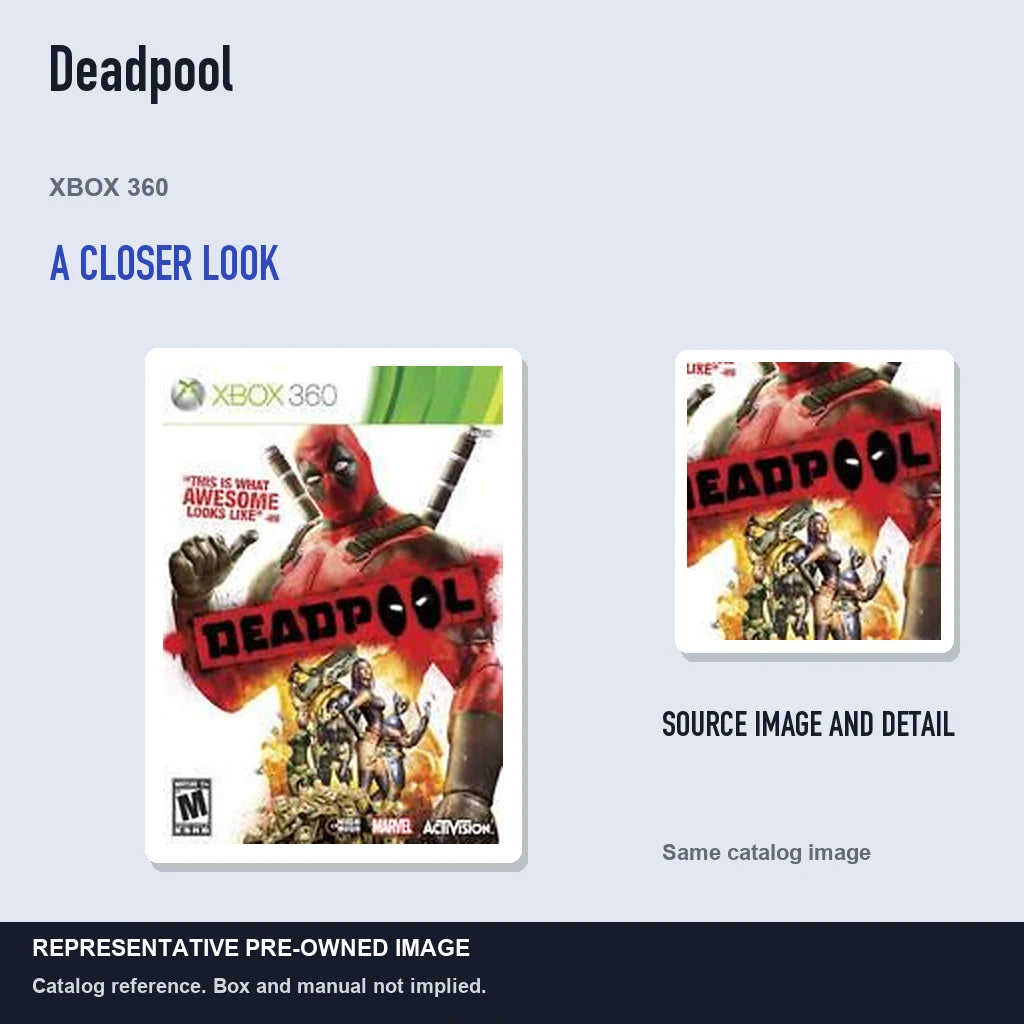 Representative pre-owned Deadpool (Xbox 360), full image with detail inset.