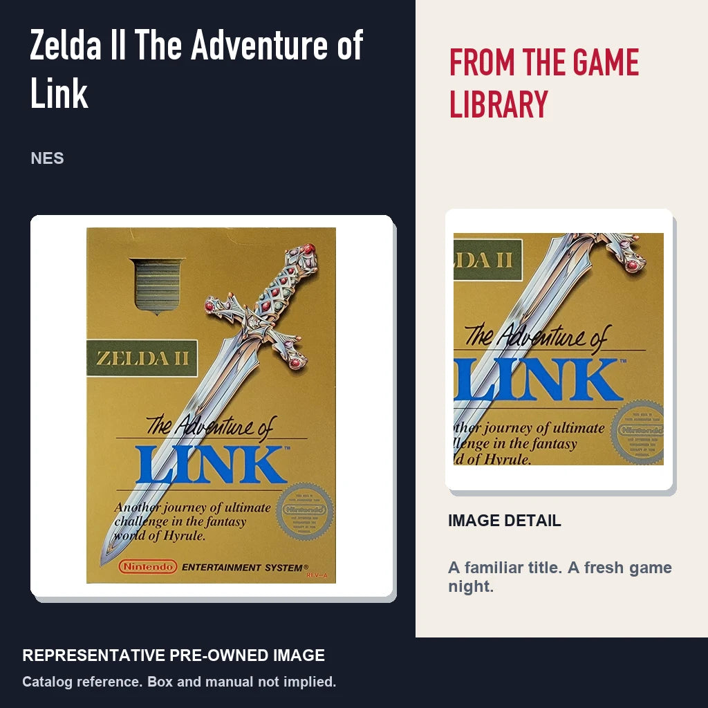 Representative pre-owned Zelda II The Adventure of Link (NES), editorial image and detail.