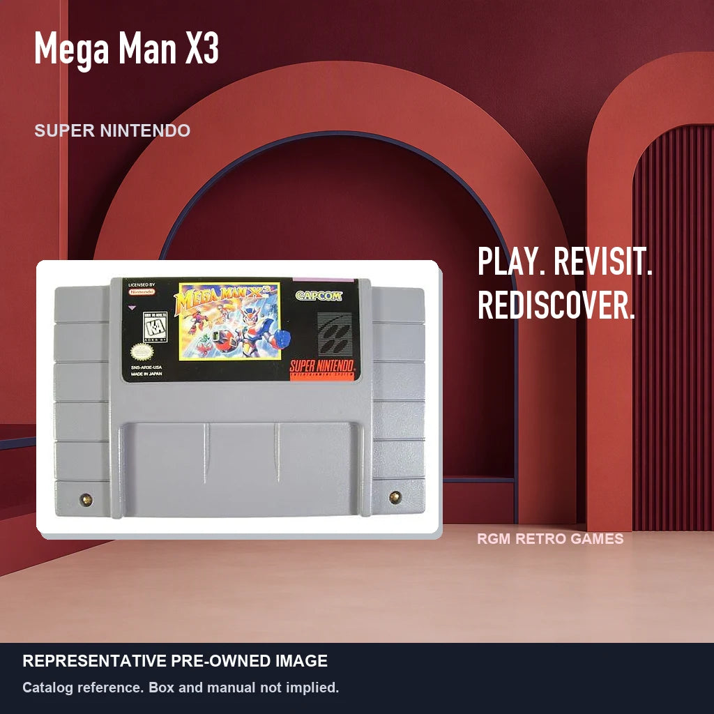 Representative pre-owned Mega Man X3 (Super Nintendo), red retro product layout.