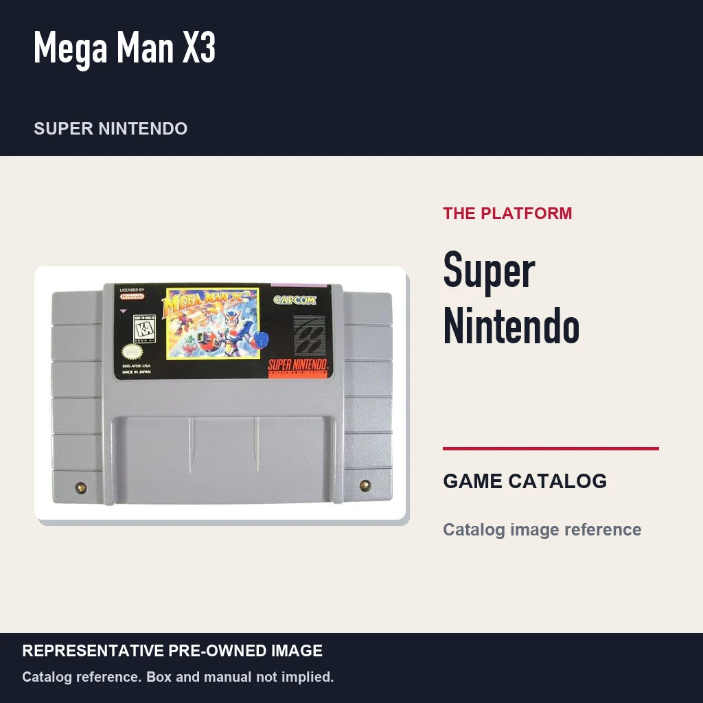 Representative pre-owned Mega Man X3 (Super Nintendo), platform product layout.