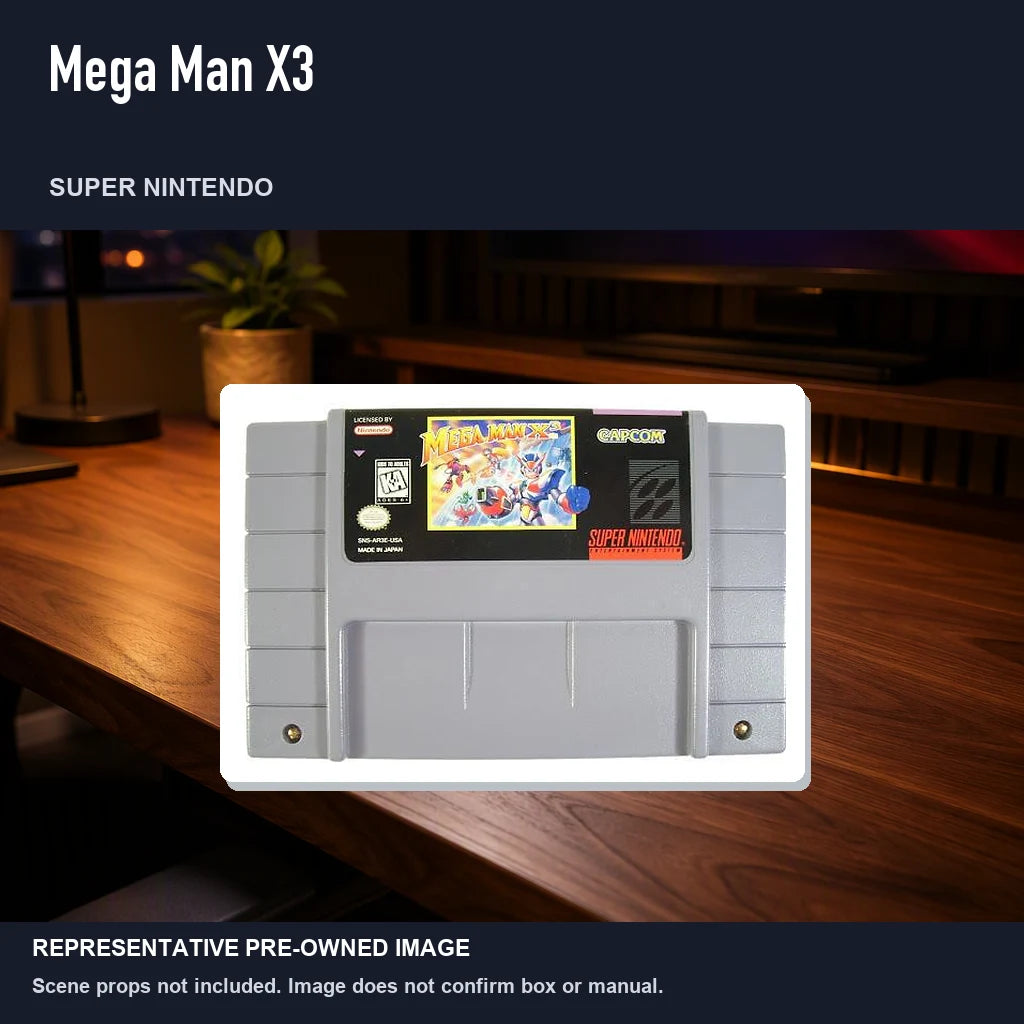 Representative pre-owned Mega Man X3 (Super Nintendo), product image in a styled desk scene.