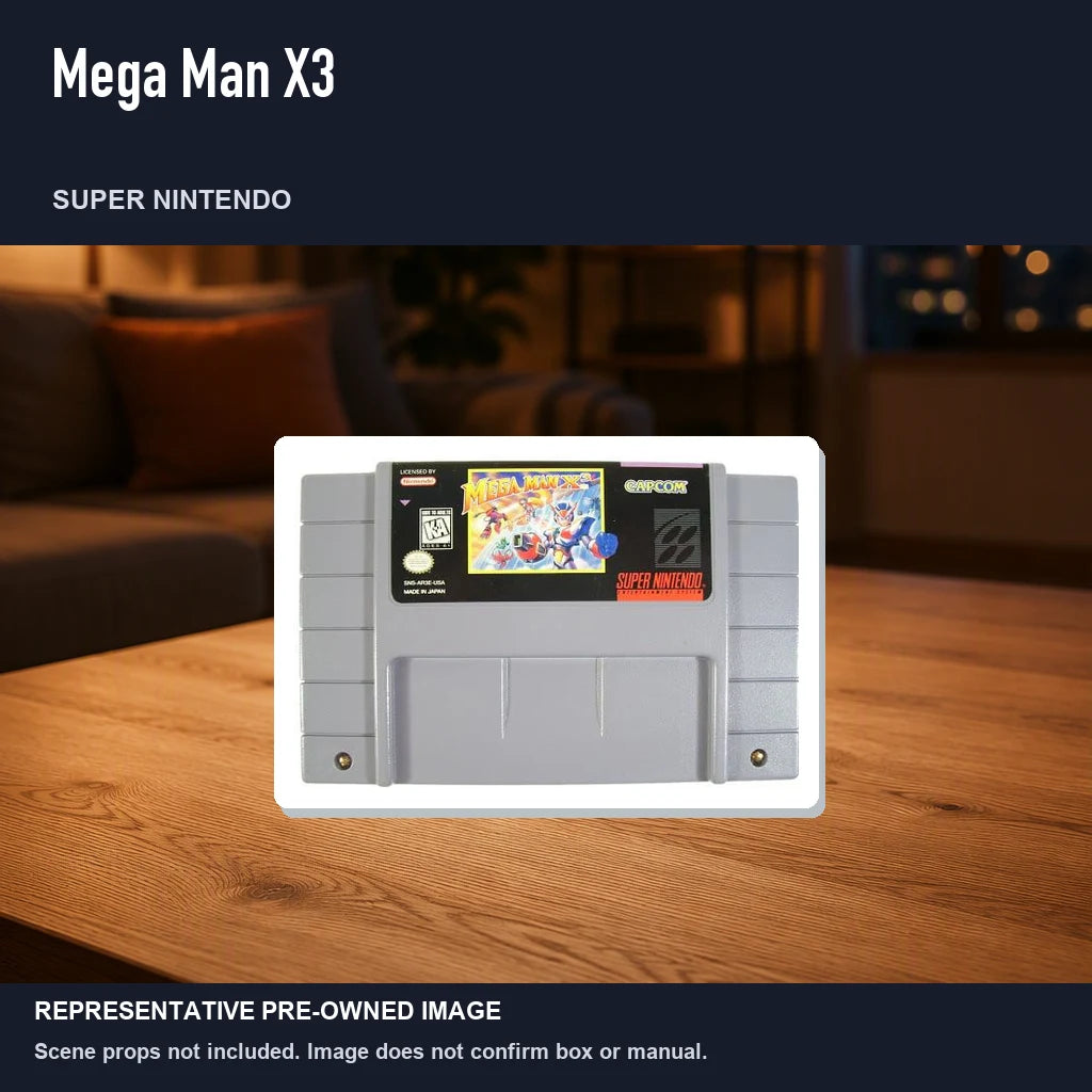 Representative pre-owned Mega Man X3 (Super Nintendo), product image in a styled room scene.
