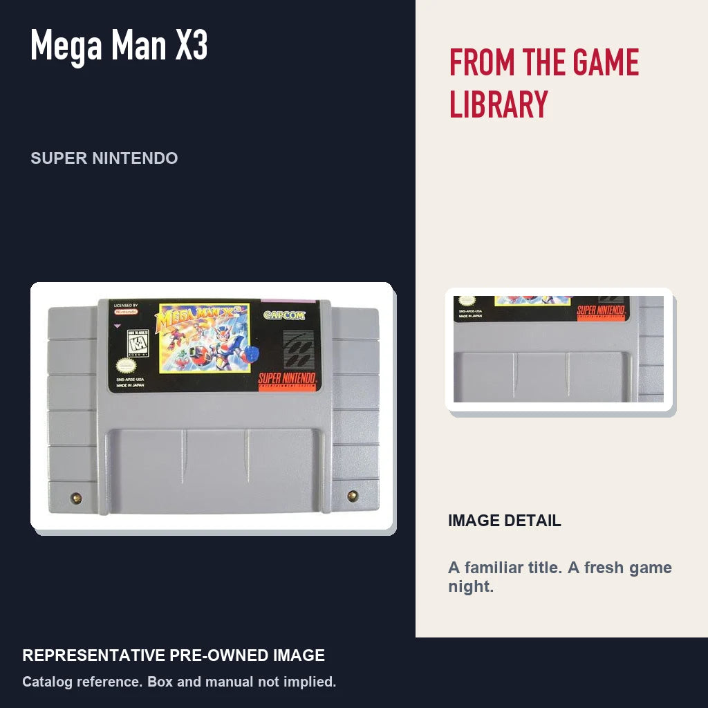 Representative pre-owned Mega Man X3 (Super Nintendo), editorial image and detail.