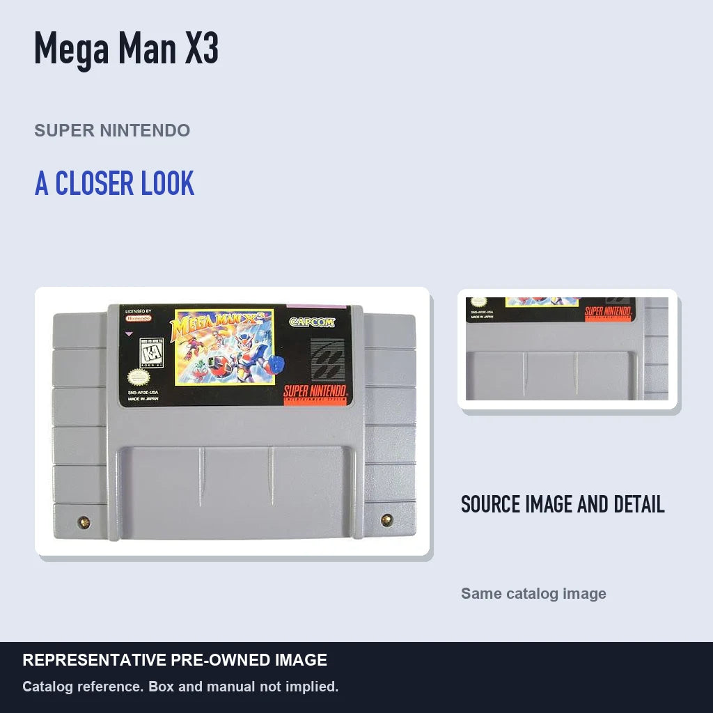 Representative pre-owned Mega Man X3 (Super Nintendo), full image with detail inset.