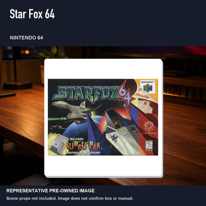 Representative pre-owned Star Fox 64 (Nintendo 64), product image in a styled desk scene.