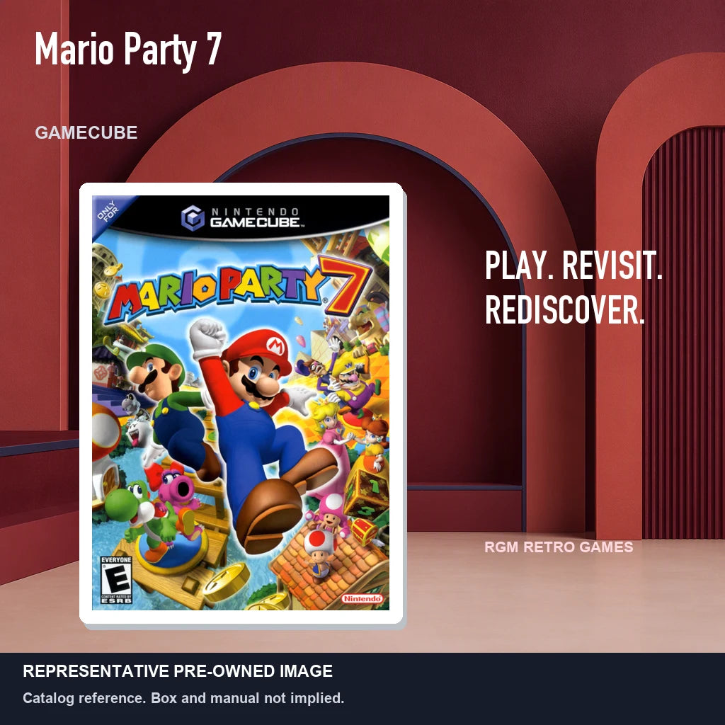 Representative pre-owned Mario Party 7 (GameCube), red retro product layout.