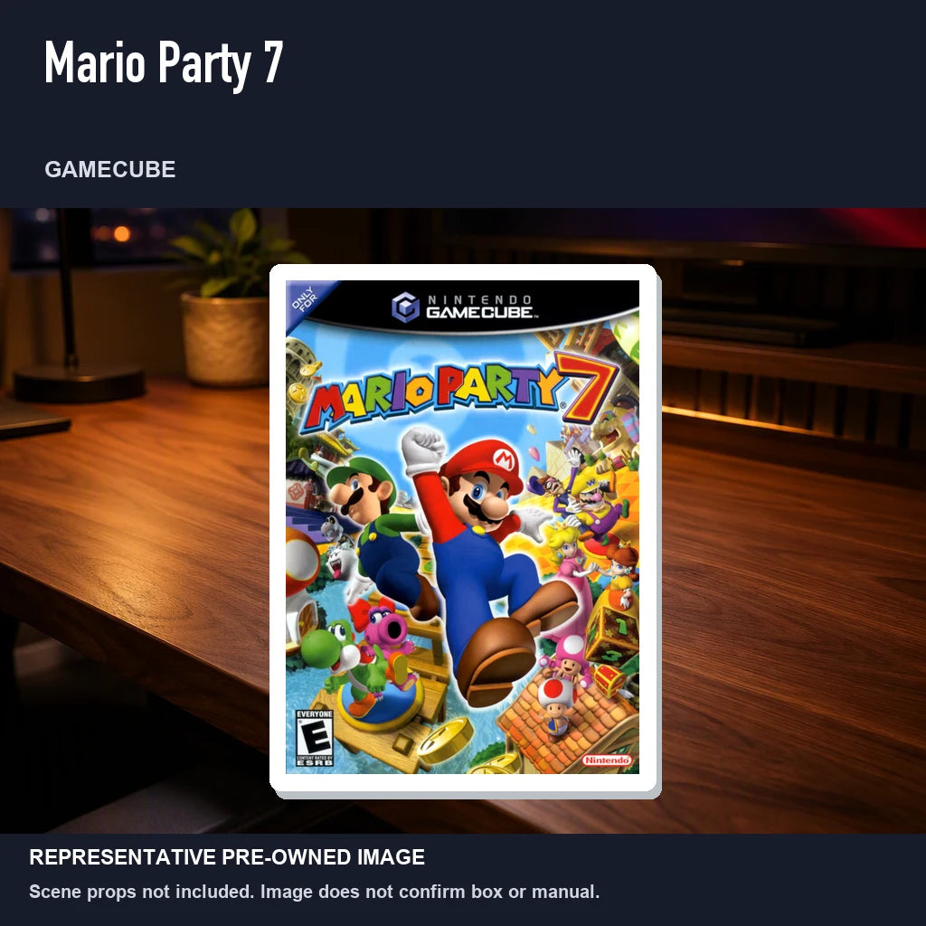 Representative pre-owned Mario Party 7 (GameCube), product image in a styled desk scene.