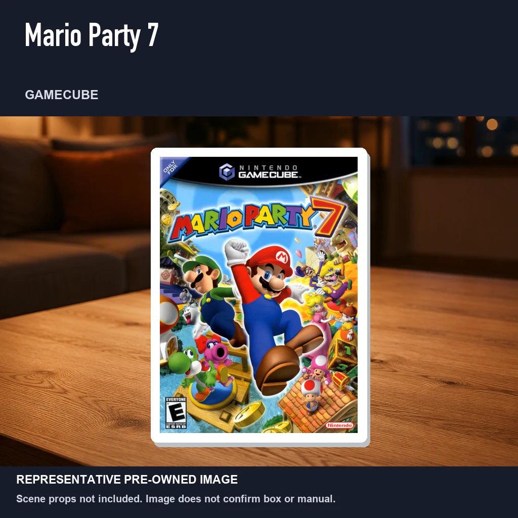 Representative pre-owned Mario Party 7 (GameCube), product image in a styled room scene.