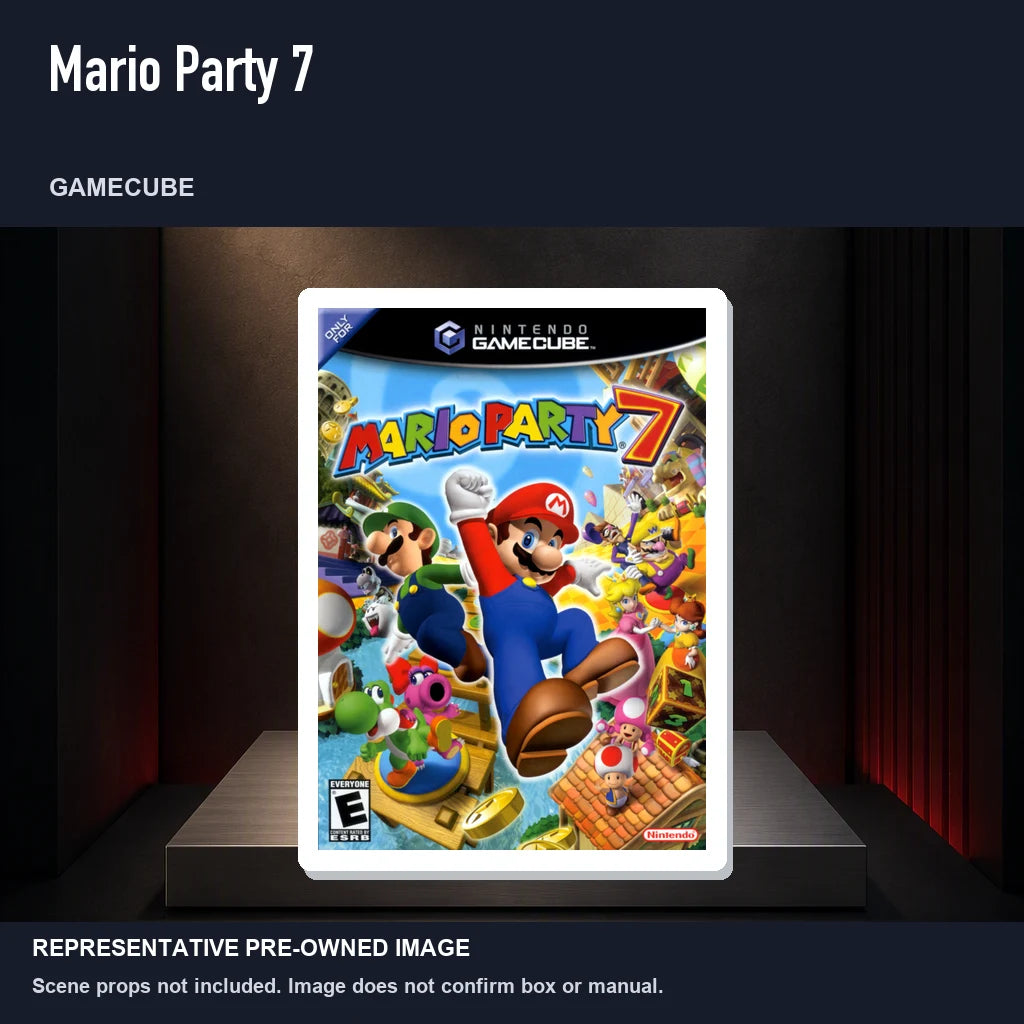 Representative pre-owned Mario Party 7 (GameCube), product image on a display panel.