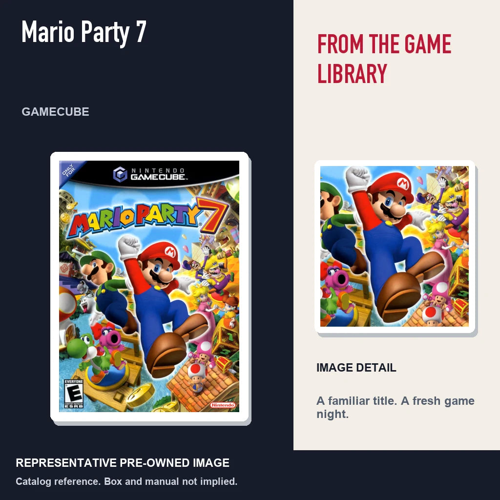 Representative pre-owned Mario Party 7 (GameCube), editorial image and detail.