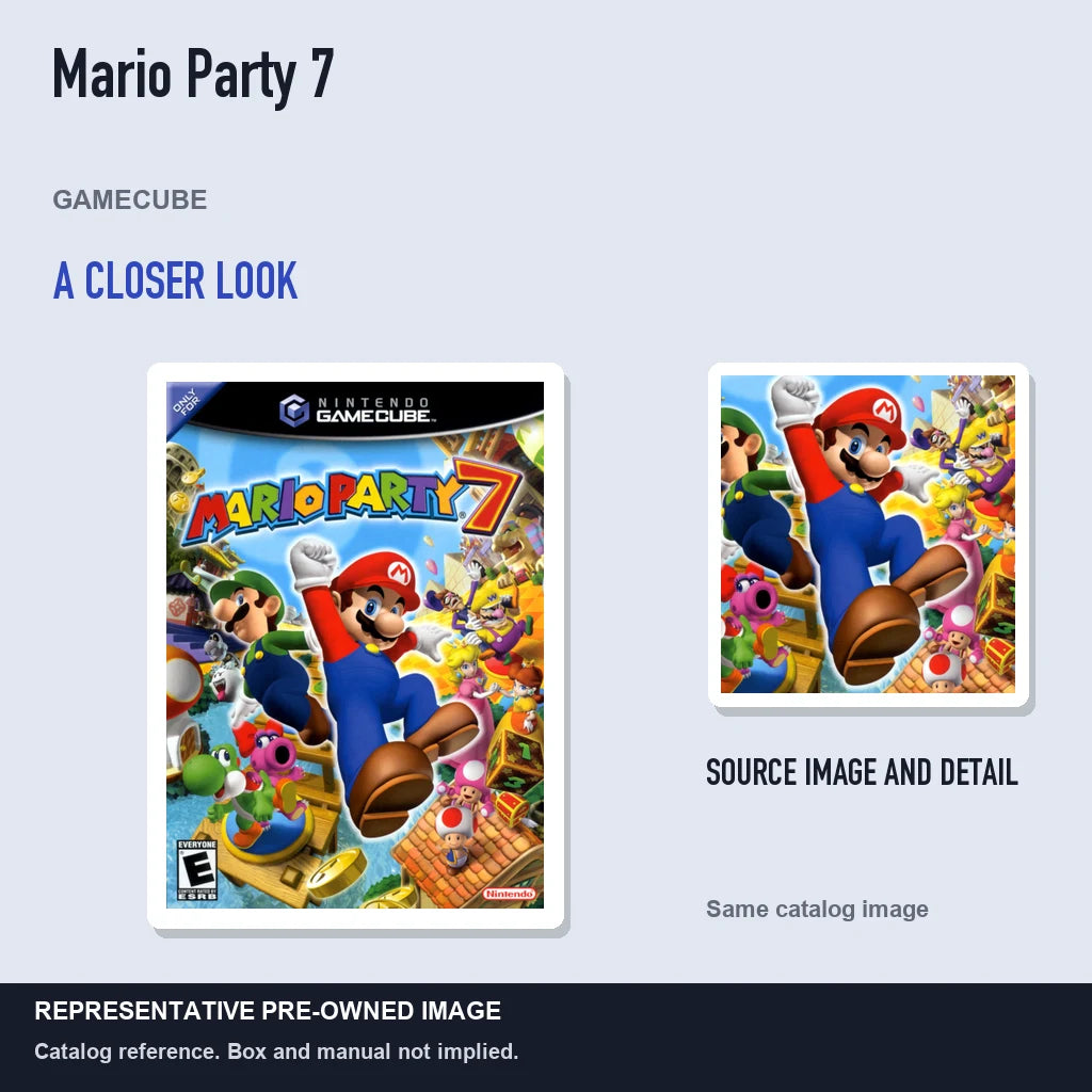 Representative pre-owned Mario Party 7 (GameCube), full image with detail inset.