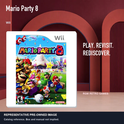 Representative pre-owned Mario Party 8 (Wii), red retro product layout.